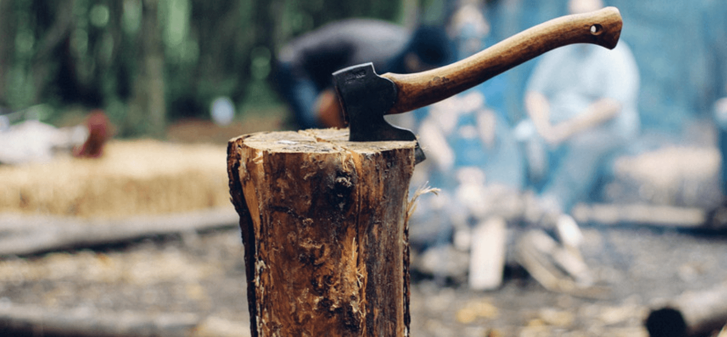 Ax with a wooden handle buried in a log with a blurred background.
